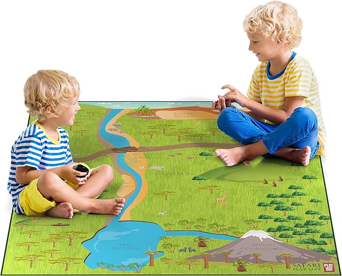 Safari Play Mat for Toy Animals | Foldable Solution |Large Size 57” x 57” | All Safari Animals | African Jungle Serengeti | Child Activity Mat | by Play Mat Factory