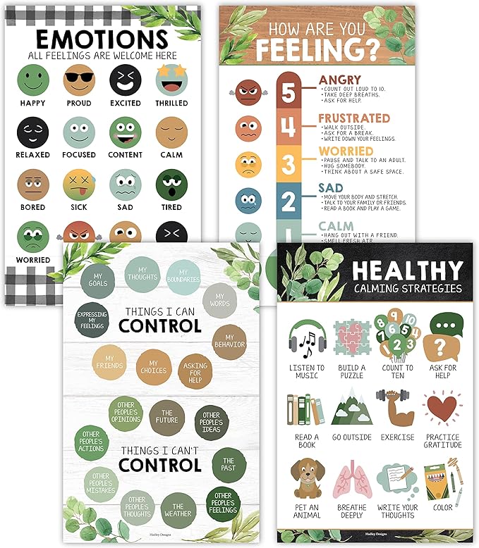 Hadley Designs Feelings Chart For Kids Ages 4-8- Emotions Chart For Toddlers 3-5, Counseling Feelings Posters For Classroom Calming Corner, Social Emotional Learning Posters, Farmhouse Classroom Decor