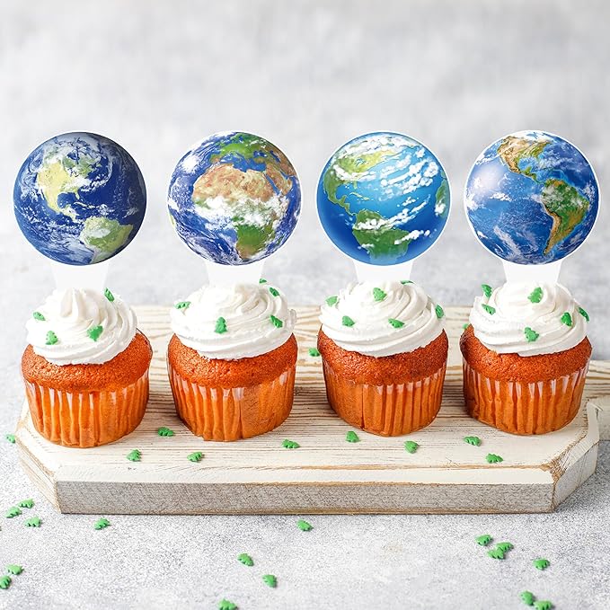 48pcs Earth Globe Cupcake Toppers Earth Day Party Decorations Globe World Map Theme Cake Cupcake Picks for Travel Around The World Birthday Party Earth Day Baby Shower Supplies