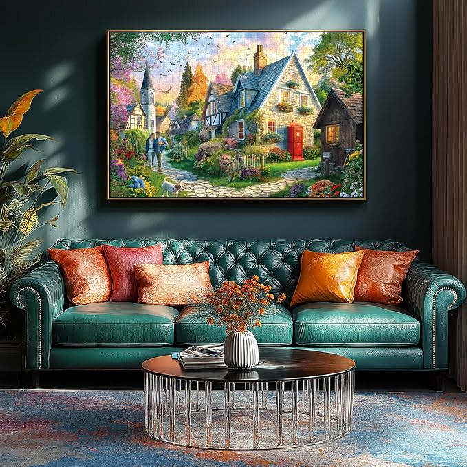 Cottage Village Church 1000 Piece Jigsaw Puzzle for Adults Countryside Scene Puzzle Challenging Beautiful Country Garden Landscape Family Puzzle Perfect for Game Nights (27.55 x 19.68)