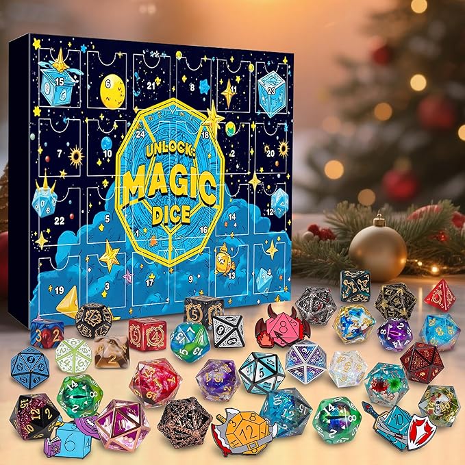 QMAY Polyhedral Dice - 24 Pcs Mystery Dice Box, Random Styles Dice & Pins Badges, Bulk DND Dice, Dice Advent Calendar, D&D Gifts, Great for Dungeons and Dragons, RPG, MTG,Role Playing Table Game