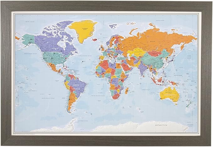 Push Pin Travel Maps - Blue Oceans World - Barnwood Gray Framed Pin Map for Tracking Your Travels - 27.5" x 39.5" - 8 Handcrafted Frame Options - Made in USA - Ideal for Any Traveler