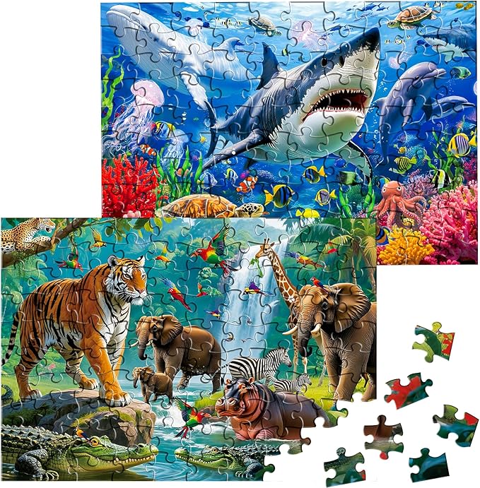 Puzzles for Kids Ages 4-6, 2 Pack 100 Pieces Jigsaw Puzzles for Kids 3-5 4-6 (Forest Animals and Ocean Life), Learning & Educational Games Beautiful Gift for Kid Toddlers 3-8