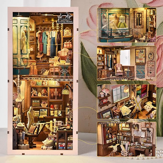 Book Nook Kit - DIY Miniature House Dollhouse Kit for Adults and Teens, Booknook Tiny House Bookshelf Decor 3D Wooden Puzzle, Gifts for Family Friends (Sewing Room)
