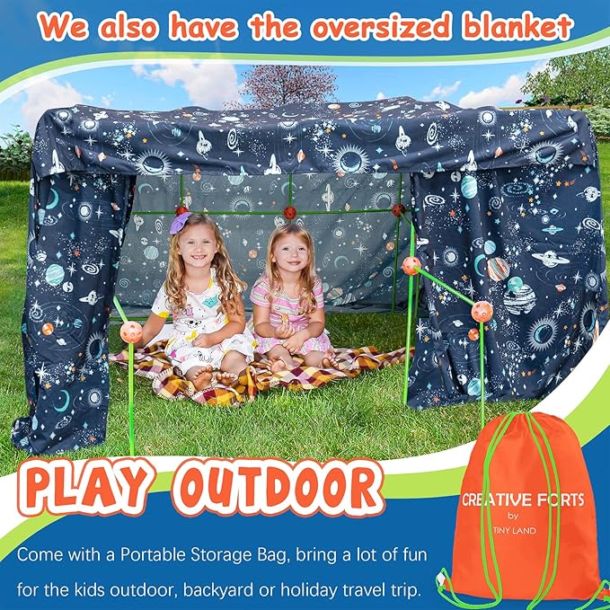 Tiny Land Kids-Fort-Building-Kit-80 Pieces-Creative Fort Toy for 5,6,7,8 Years Old Boy & Girls-STEM Building Toys DIY Castles Tunnels Play Tent Rocket Tower Indoor & Outdoor Playhouse