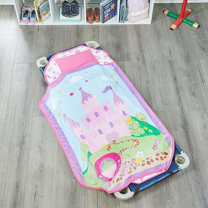 EVERYDAY KIDS Cute Preschooler and Toddler Cot Nap Mat for Home, Daycare, Preschool and Kindergarten; Easy to Roll Sleeping Mat with Elastic Straps, Pillow and Blanket