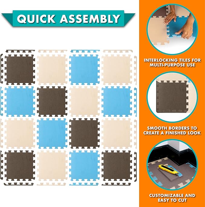 ProSource Foam Puzzle Floor Play Mat for Kids and Babies with Solid Colors, 36 or 16 Interlocking Tiles with Borders, Blue/Brown/Beige