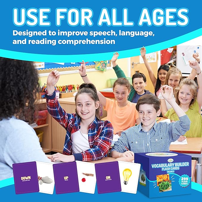 300 Vocabulary Builder Flash Cards Vol 2, Photo Cards Learning Materials for Speech Therapy, ESL, Autism, Homeschool & Kids Includes Emotions, Go Together Opposites, Noun Food, Prepositions, Verbs