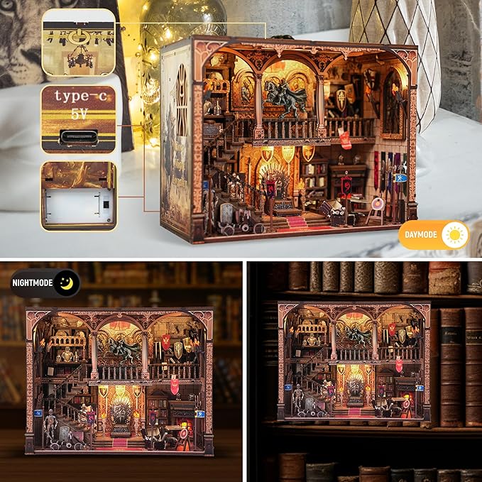 Miniature Book Nook Kit - DIY Tiny House with LED Light and Type-C Port,Ideal Craft Gift for Adults & Teens,Beautiful Bookshelf Décor for All Occasions