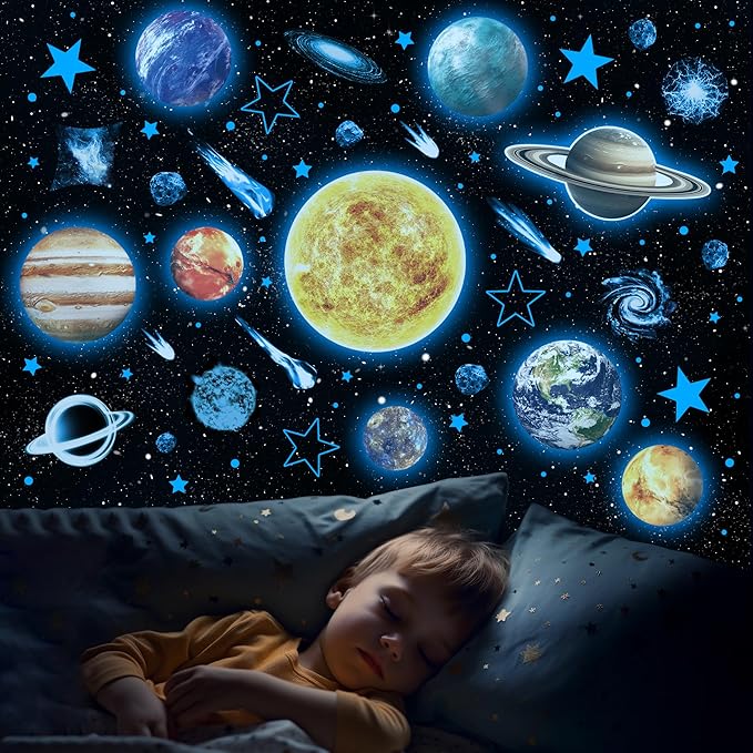 Glow in The Dark Stars and Planets for Ceiling, Robmoda Glow Solar System Wall Stickers, Space Wall Decals for Kids Boys Room (Blue)