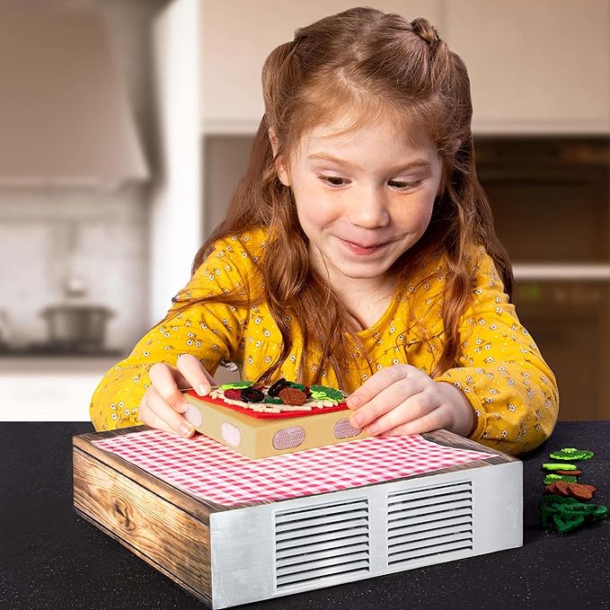 Let's Make a Pizza - Pretend Food Playset with 4 Wooden Pie Slices, 140 Felt Toppings, Wood Roller, and 3-in-1 Cardboard Box Prep Station, Oven, & Serving Table - Cute Cooking Toys for Boys & Girls