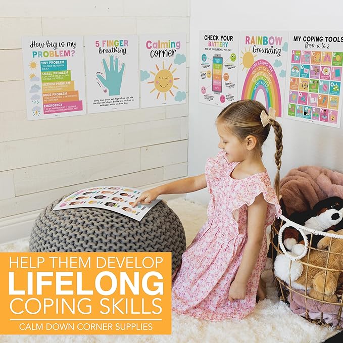 Hadley Designs 9 Calming Corner Posters For Classroom Must Haves For Teachers - 11x14 Calm Down Corner Supplies, Feelings Chart For Kids Ages 4-8, Feelings Wheel Poster, Pastel Classroom Decor