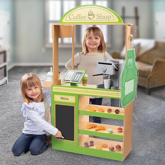Pretend Coffee Shop Wooden Playset- Drive Thru Window Holiday Fun- Frappuccino, Straws, Espresso Maker, Bread, Pastries, Rotating Cash Register, Coffee Cups, Apron- 25+ Play Pieces Kids Xmas Gift