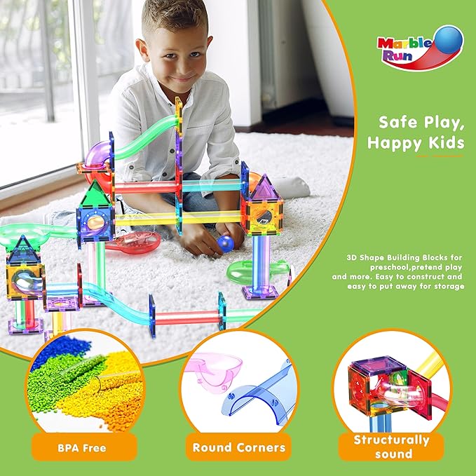 PicassoTiles 200pc Magnetic Marble Run Tiles Toy STEM Educational Race Track with Light Up Marbles Magnet Tile Building Blocks Maze Kit Sensory Pretend Play Toys for Toddlers Boys Girls Ages 3+ PTG200