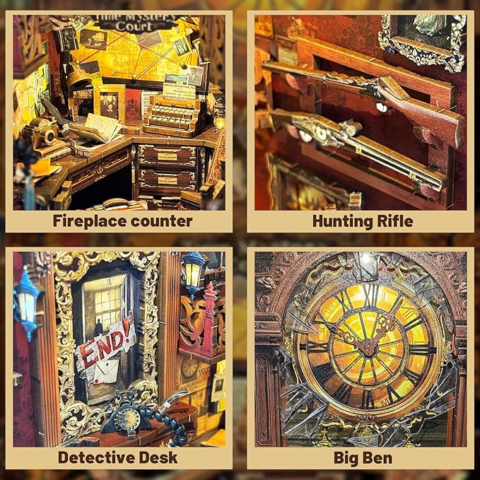 DIY Book Nook Kit, DIY Miniature Dollhouse Kits for Adults and Teens, Book Nook Bookshelf Insert Decor 3D Wooden Puzzle Bookend Miniature Kit with Sensor Light Creative Craft(Bell's Mystery)
