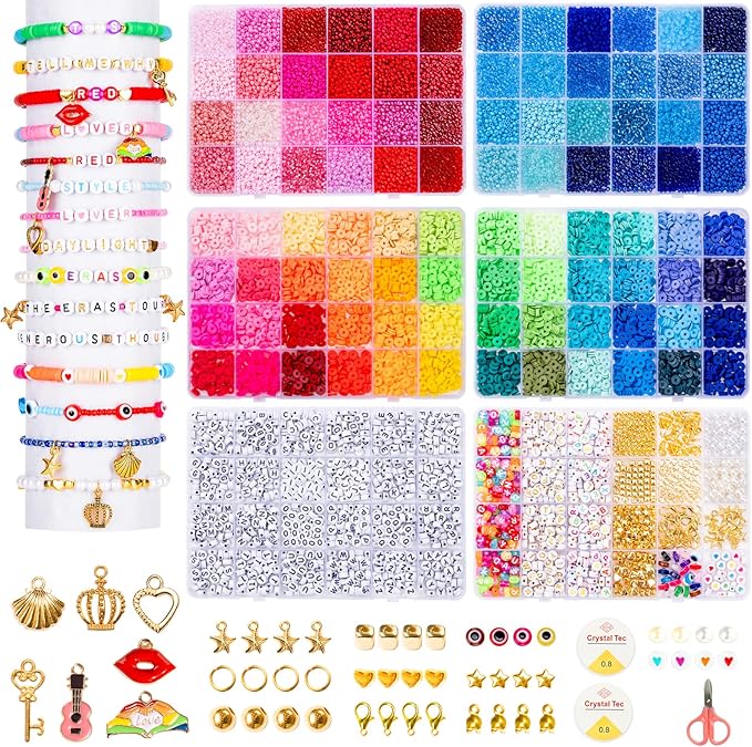 Goldwise Friendship Bracelet Kit 6 Boxes, Bracelet Making Kits with 48 Colors Clay Beads, 48 Colors Glass Seed Beads and 4 Styles Letter Beads (A-Z) with Charms for Bracelet Making Gift