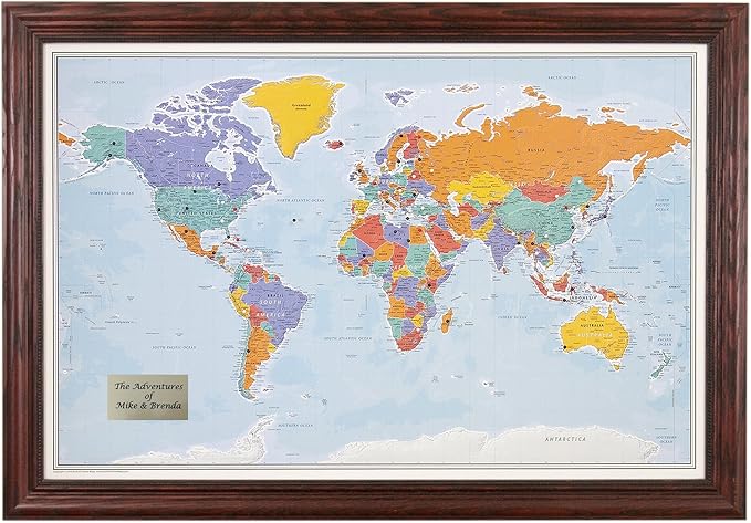 Push Pin Travel Maps - Customizable Blue Oceans World with Solid Wood Cherry Frame- 27.5" x 39.5" - 8 Handcrafted Frame Options - Made in USA - Ideal for Adventurous Travelers