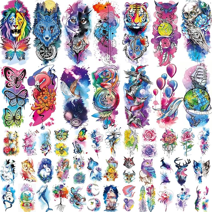 86 Sheets Temporary Tattoo, 14 Sheets Large Half Arm Fake Flower Cat Owl Lion Tattoos, 72 Sheets Tiny Waterproof Semi Permanent Temporary Tattoos Realistic for Women Girls Kids Adults