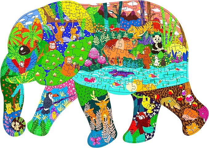PINU Jigsaw Puzzles for Kids Ages 3-5, 6-8, 8-10, Children Colorful Fun Animal Shaped Puzzle Learning Educational Toys Gifts Games for Boys and Girls (Elephant-200 PCS)