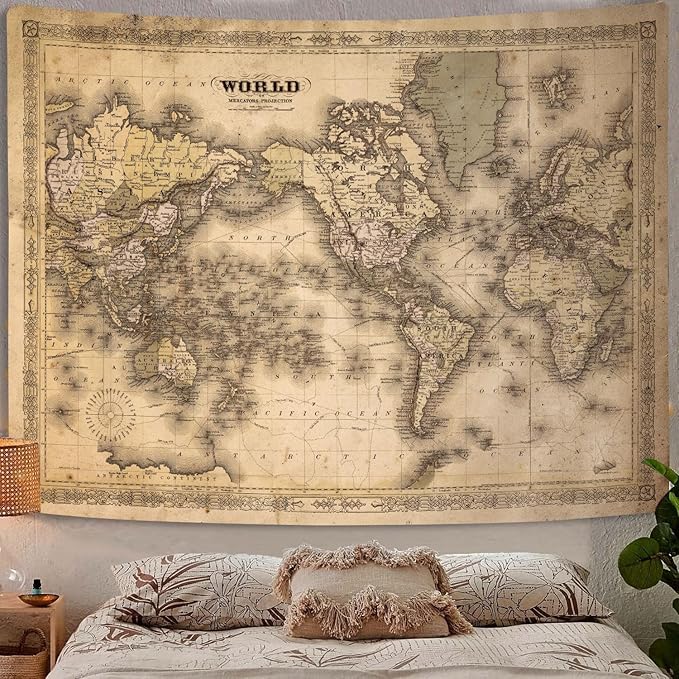 GOAOK Retro Old World Map Tapestry, Vintage Map Asian Northern European Topography Earth Educational Tapestry for Classroom, Brown Adventure Travel World Map Office Tapestry Wall Art 80"X60"
