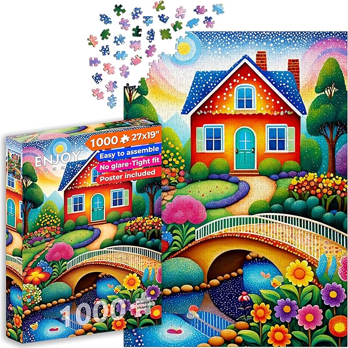 Happy House and Flower Garden Landscape – 1000 Pieces Jigsaw Puzzle for Adults – Matte Finish, Soft Touch, Easy to Assemble, Tight Fit, Vivid Colors, Missing Pieces Service