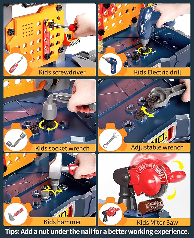 Deejoy Kids Tool Bench with Realistic and Electric Drill, Construction Workbench Toys for Toddlers 3-5, Toddler Bench Set for Boys & Girls Age 3-4