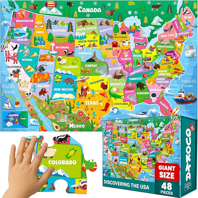 QUOKKA Giant Floor Puzzle for Kids Ages 4-6 – 2x3 Feet Extra-Thick 48 Pieces Toddler Puzzle Ages 3-5 – USA Map Educational Activity for Boys Girls – Premium Box with Sturdy Handle & Magnetic Closure