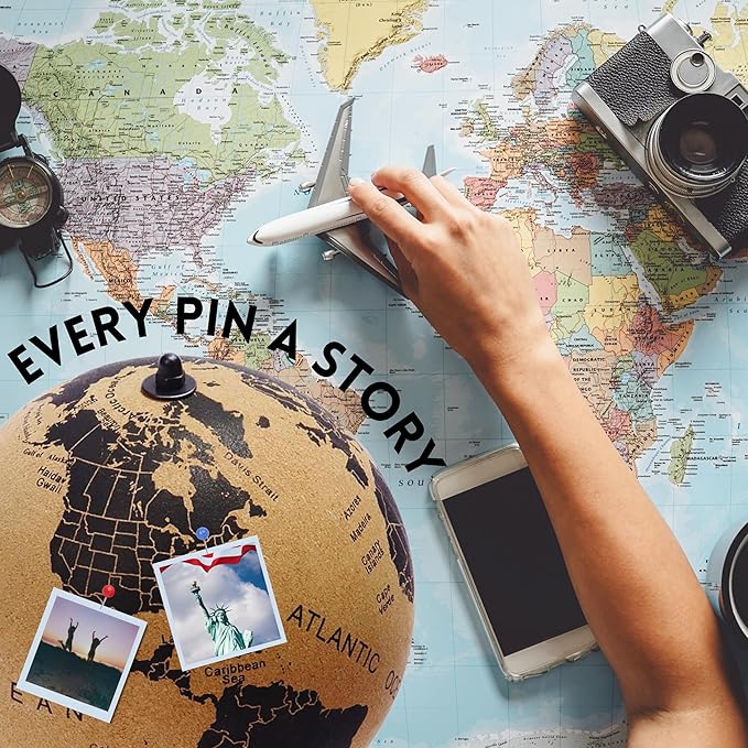 Mini Cork Globe 7.5" Tall | World Travel Map with Metallic & Colored Push Pins | 3D World Map Pin Board for Home or Office | Unique Gift for Travelers, Couples & Families Push Pins Map