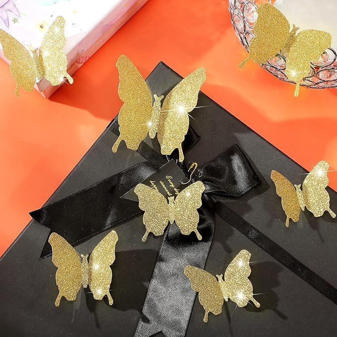 BBTO 48 Pieces Butterfly Wall Decor DIY Mirror 3D Butterfly Stickers Removable Decals for Home Bedroom School Bathroom Living Room Decor(Glitter Gold)