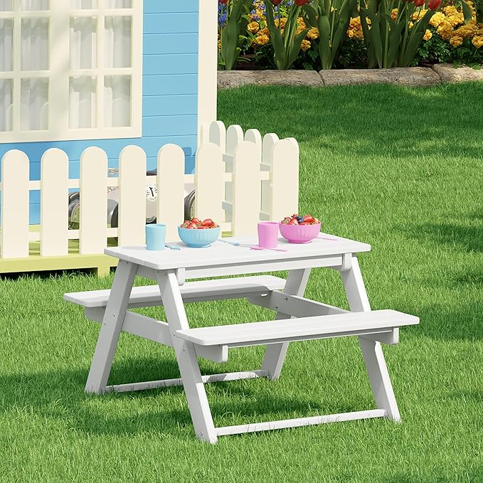 Costaelm Kids Picnic Table, HDPE All Weather Outdoor Toddler Picnic Table and Chair Set Kids Bench for Patio, Backyard, Garden, Lawn, White