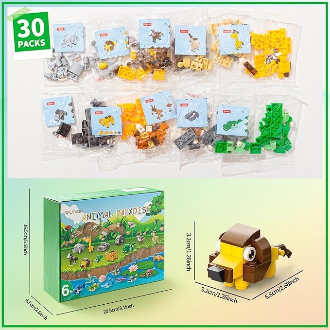30 Packs Party Favors for Kids, 888 PCS Animal Building Blocks Mini Sets Party Favors for Goodie Bags Stuffers Classroom Prizes Return Gifts Birthday Bulk Gifts for Boys Girls Student Ages 6+