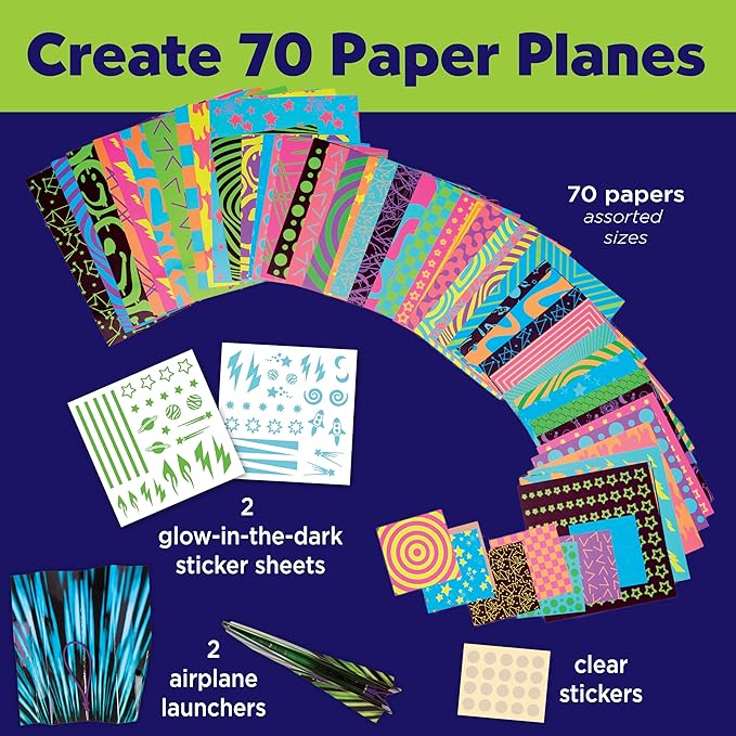 Creativity for Kids Paper Airplane Kit - Stunt Squadron Neon Glow, Makes 70 Paper Airplanes and 2 Plane Launchers, STEM Birthday or Christmas Gift, Craft and Activity Set for Boys (Ages 6-8+)