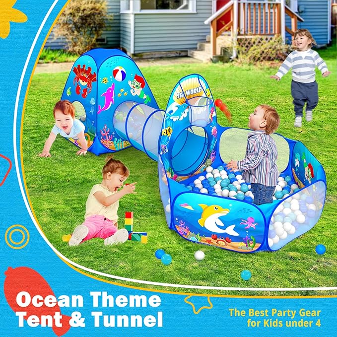 3-in-1 Kids Ball Pit with Play Tent & Tunnel - Indoor/Outdoor Pop Up Playhouse for Toddlers & Kids, Ages 3-5