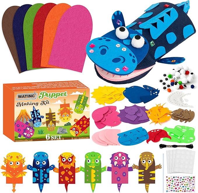 WATINC 6Pcs Hand Puppet Making Kit, Art Craft Felt Sock Puppet Toys, Creative DIY Make Your Own Pompoms Wiggle Googly Eyes Storytelling Role Play Party Supplies Gift for Girls Boys (Dinosaurs A)