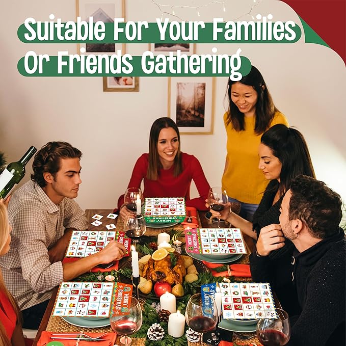 SpriteGru Christmas Bingo Game, 25PCS Bingo Board Game, 2-25 Players Bingo Game Set for Teenager or Adults Xmas Party, Fun Interesting Activity Winter Party Supplies