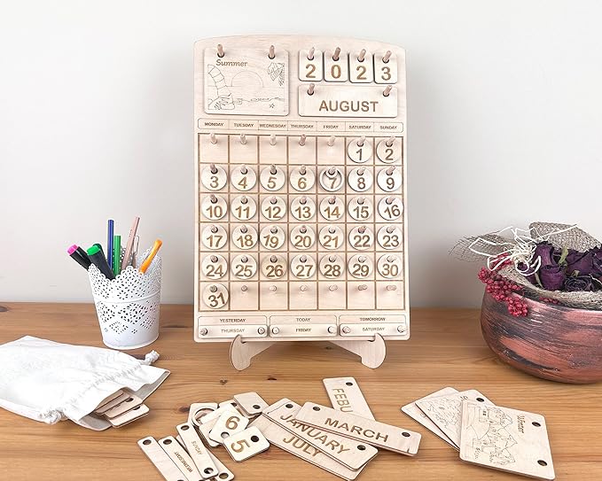 Montessori Wooden Perpetual Calendar, Hands-On Learning Toy for Kids, Homeschool & Classroom Decor, Educational Gift for Toddlers