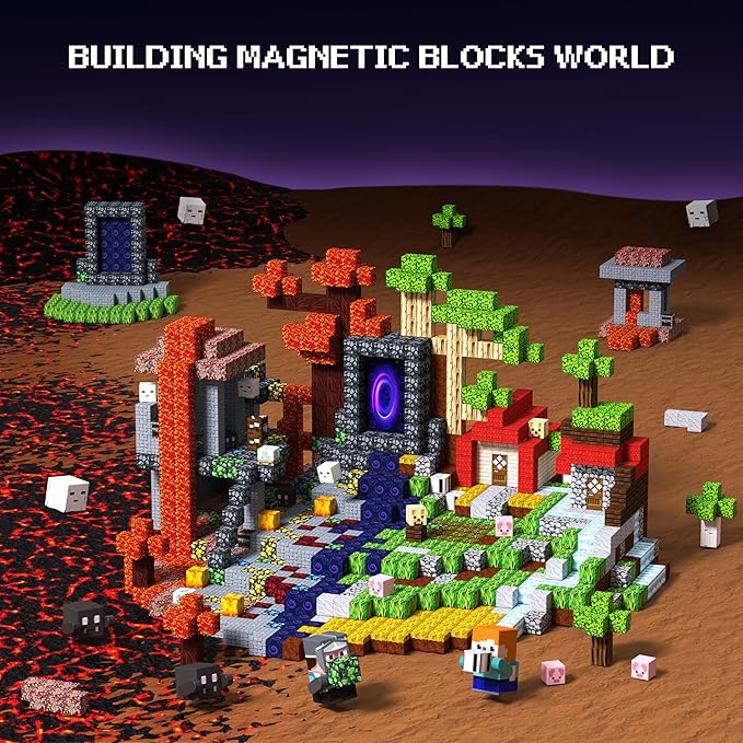 Magnetic Blocks 200 PCS Magnet Building Blocks Cubes Sensory Toys for 3-12 Years Old Gamer Player Kids, Stacking Magnets Birthday Christmas Graduation Gift Set, 0.8 Inch Block, Nether and Overworld