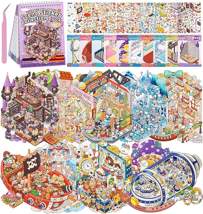 DIY 3D House Stickers, 10 Sets Fun DIY Sticker Scene Make Your Own Mini House Cute Cartoon Animal Scene Stickers for Kids Adult Sticker Art Relief Stress Pass The Time