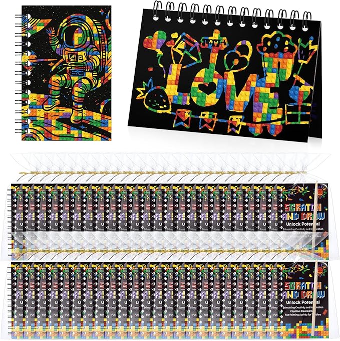 Pasimy 48 Set Scratch Art Party Favor Gifts for Kid Building Block Scratch Notebook Bulk Paper Craft for Girl Boy Classroom Prizes Goodie Bag Stuffer Christmas Birthday Party Favor