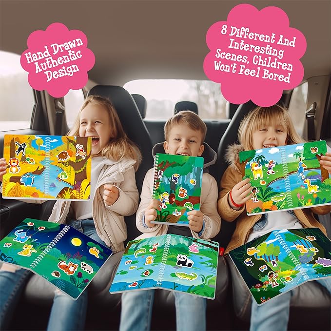 Reusable Jelly Sticker Book, 60 Wild Animals Thick Jelly Stickers Waterproof Gel Cling Decals Jungle Themed Busy Book Hands-on Activity Travel Game Educational Learning Toys for Toddlers, Kids