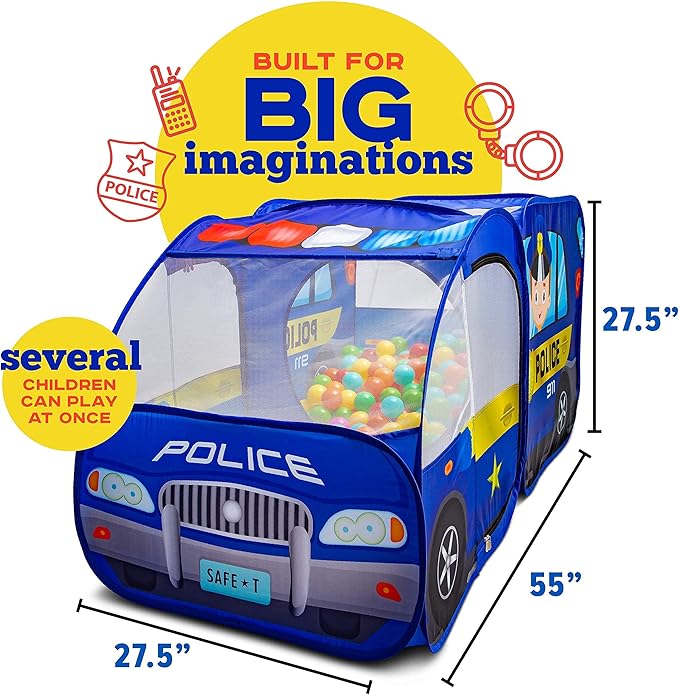 Police Car Pop Up Play Tent with Sound Button and Policeman Officer Costume for Kids, Toddlers, Boys, Girls, Indoors & Outdoors – Playhouse for Interactive Fun - Foldable, Quick Setup Pretend Play