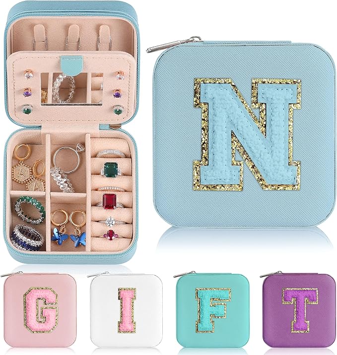 Parima Back to School Jewelry Case, School Supplies for Teen Girls Jewelry Box | High School Travel Accessories for Girls | School Travel Essentials Small Jewelry Box - Letter N, Sky Blue