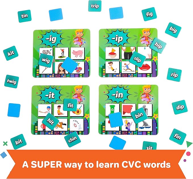Super Words - CVC Word Builders, Phonics Games, Rhyming Words Game for Kids, Kindergarten Learning Games, Match it Puzzles for Toddlers, Learn to Read Game, CVC Words for Kindergarten Activities