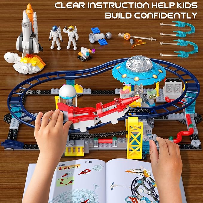 2 in 1 Space Roller Coaster Building Set for Kids 6+, 788PCS STEM Astronaut & Spaceship Toy, Creative Space Station Construction Kit, Birthday for Boys Girls Ages 6-12