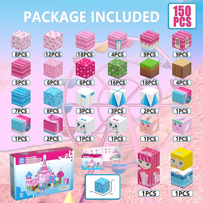 150PCS Magnetic Blocks, Magnet Building Cube Toy, Build 3D Pink Princess Castle Set for Girls, Montessori Sensory Toys for Kids, STEM Educational Toys, Christmas, Children's Day Gift for Boys & Girls