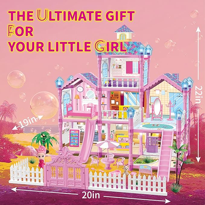 Dollhouse for Girl with 1 Princess, 3 Floors -8 Rooms, 216 Accessories Includes Dog and Furnitures, Design and Build Gift for 3 4 5 6 7 8+ Year Old Girls (Pink)