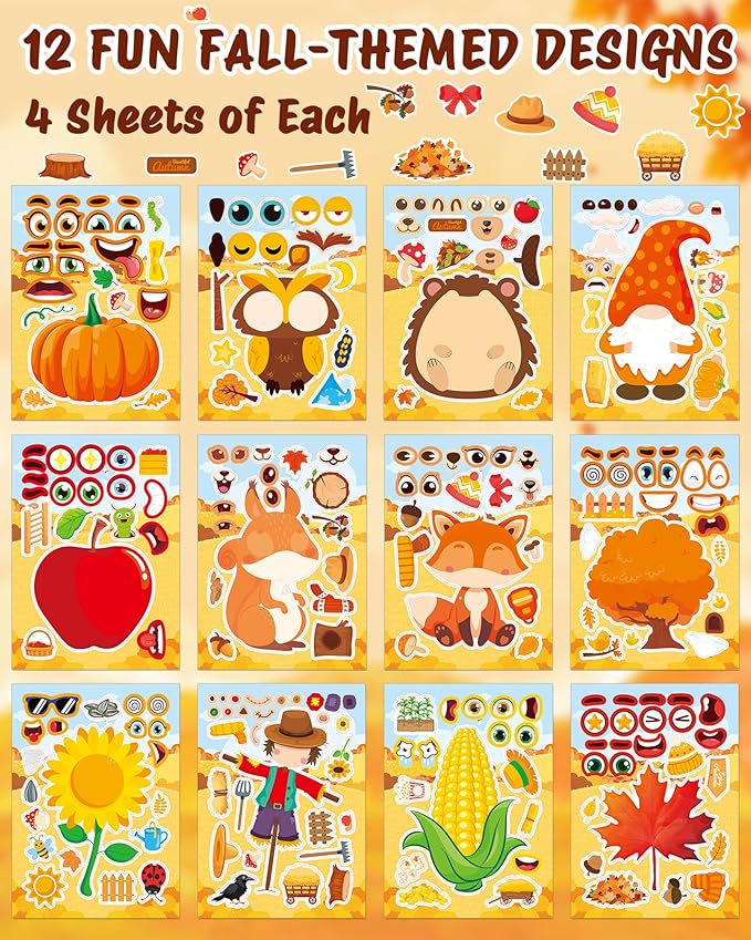 Aowplc 48 Sheets Fall Make a Face Stickers, 12 Designs Fun Fall Crafts for Kids, Autumn Festival Party Favors, Classroom Activities & Games