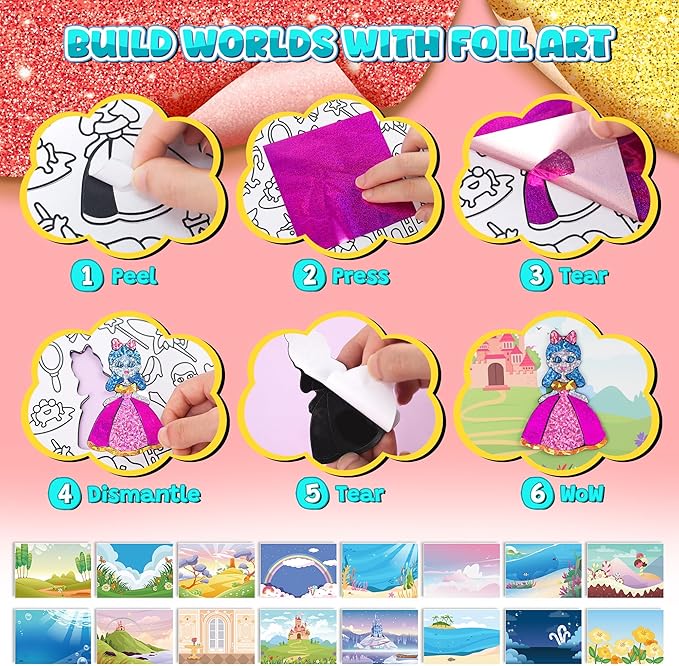 Sinceroduct Foil Art Kit for Kids, Princess Fun-Foil Art Craft Supplies for Kids Ages 4-8,Mess Free Coloring, Foils Foam Sticker,Children DIY Creative Activity Travel Toy,Birthday Gift for Boy & Girl.