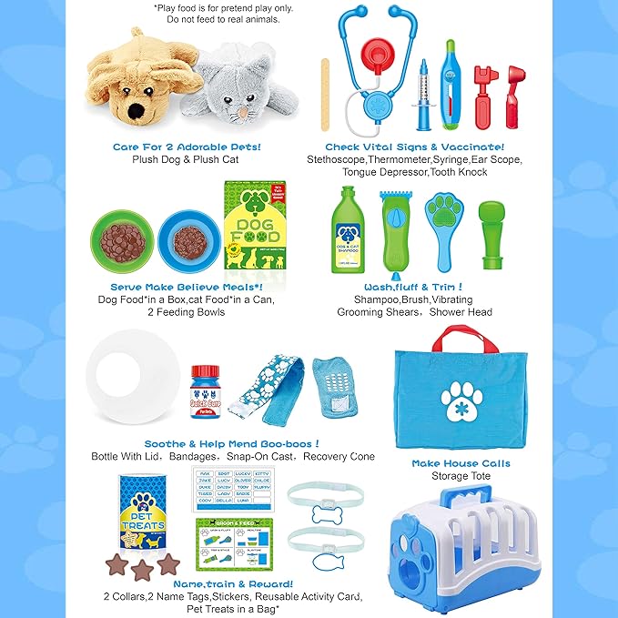 Deluxe Complete Vet Pet Care Play Set | Veterinarian Pretend Doctor Role Play Grooming Toy Kit with Plush Dog & Cat (34 Pcs)