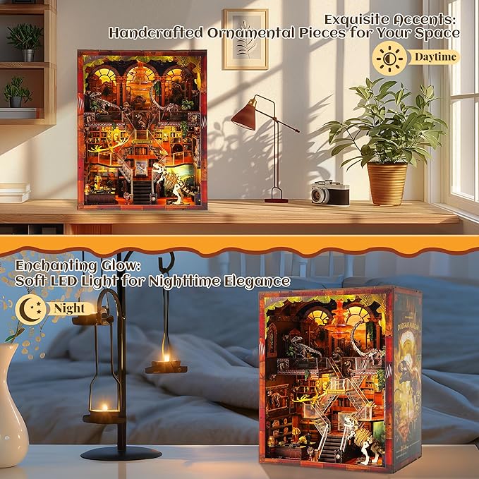 Book Nook Kit for Adults - DIY Dinosaur Museum Booknook, 3D Wooden Dollhouse Puzzle with LED Lights, Miniature Bookshelf Decor for Home Libraries
